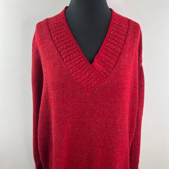Vintage DVF Diane von Furstenberg Red Metallic Sweater V-Neck Pullover Size 3X - Picture 3 of 10